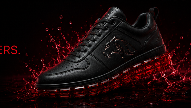 Black JAGORR sneaker against a ruby liquid background