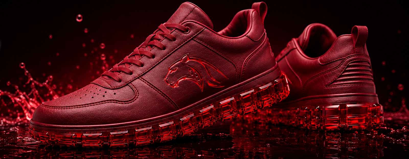 Bright Red JAGORR sneakers with transparent ruby-red soles