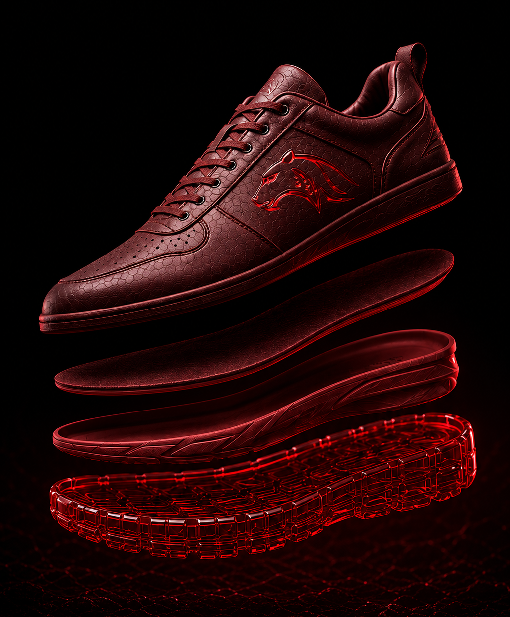 Exploded view of JAGORR upper, footbed, hidden cushioning and transparent ruby-red outsole